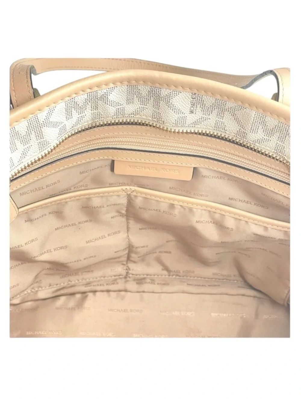 Michael Kors  Jet Set Med Logo Top Zip Tote Handbag  Vanilla Natural Leather 